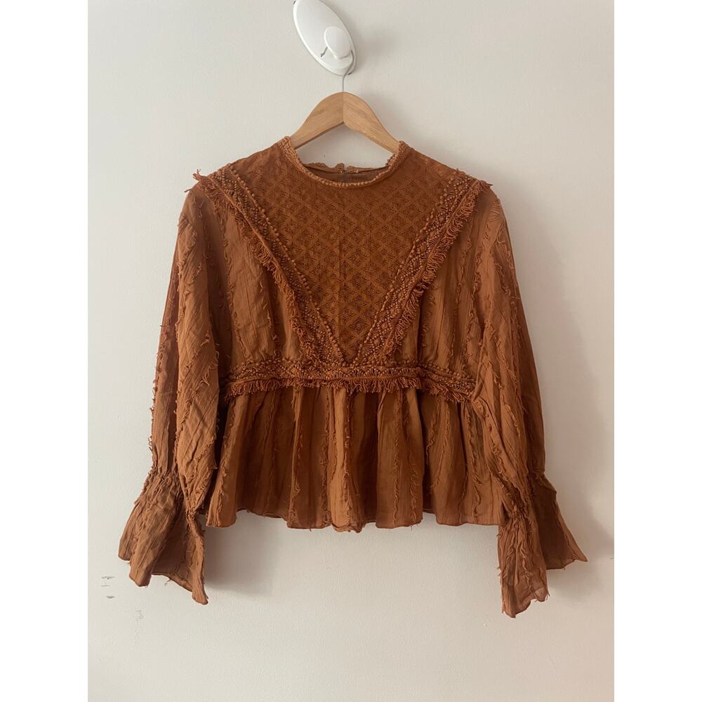 Rocks & Indigo Peasant Blouse Womens M Brown Rust Cotton Lace Trim Bell Sleeve